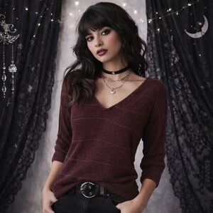 Y2K Vanity Long Burgundy Maroon Knit Sweater Elbow Length Sleeves - Small
